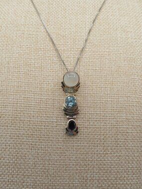 925 Sterling Silver Triple Stone Moonstone Blue Topaz Drop Pendant Necklace